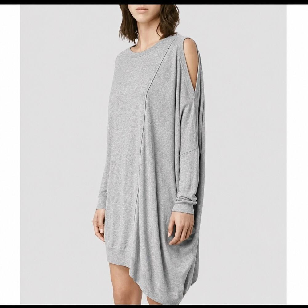 AllSaints Sago Sweater Silk Cotton Dress asymmetric Cold shoulder cut-out Gray 4